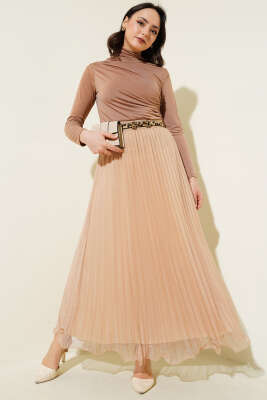 Bel Lastikli Pileli Fırfırlı Tül Etek Büsküvi - Uzun Etek