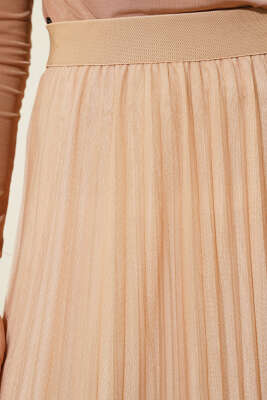 Bel Lastikli Pileli Fırfırlı Tül Etek Büsküvi - Uzun Etek