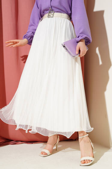 Bel Lastikli Pileli Fırfırlı Tül Etek Ekru - Etek