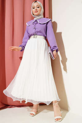 Bel Lastikli Pileli Fırfırlı Tül Etek Ekru - Uzun Etek