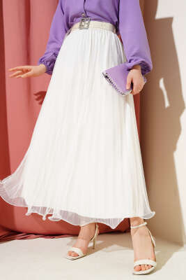 Bel Lastikli Pileli Fırfırlı Tül Etek Ekru 