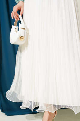 Bel Lastikli Pileli Fırfırlı Tül Etek Ekru - Uzun Etek