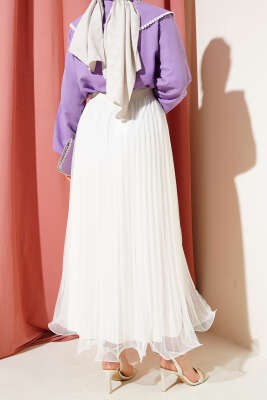 Bel Lastikli Pileli Fırfırlı Tül Etek Ekru - Uzun Etek