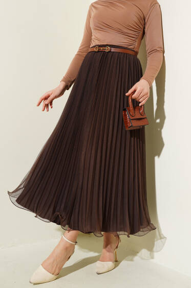 Bel Lastikli Pileli Fırfırlı Tül Etek Kahve - Etek