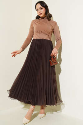 Bel Lastikli Pileli Fırfırlı Tül Etek Kahve - Uzun Etek