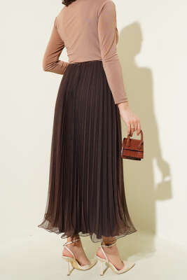 Bel Lastikli Pileli Fırfırlı Tül Etek Kahve - Uzun Etek