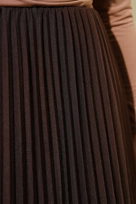 Bel Lastikli Pileli Fırfırlı Tül Etek Kahve - Uzun Etek