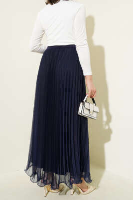 Bel Lastikli Pileli Fırfırlı Tül Etek Lacivert - Uzun Etek