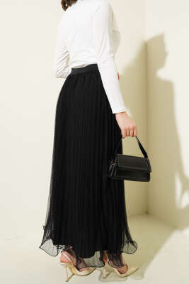 Bel Lastikli Pileli Fırfırlı Tül Etek Siyah - Uzun Etek