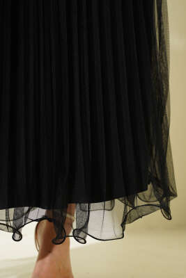 Bel Lastikli Pileli Fırfırlı Tül Etek Siyah - Uzun Etek