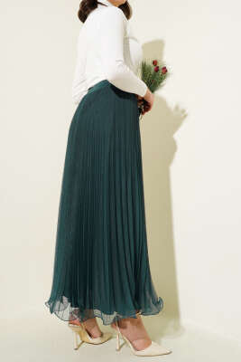 Bel Lastikli Pileli Fırfırlı Tül Etek Zümrüt - Uzun Etek
