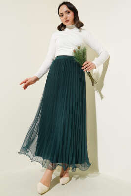 Bel Lastikli Pileli Fırfırlı Tül Etek Zümrüt - Uzun Etek