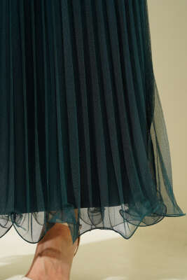 Bel Lastikli Pileli Fırfırlı Tül Etek Zümrüt - Uzun Etek