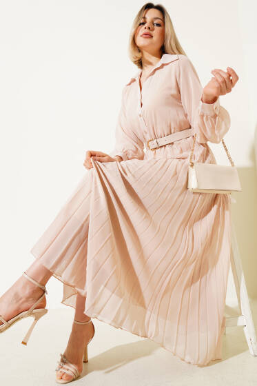 Bel Lastikli Pileli Kemerli Şifon Elbise Bej - Kadın Giyim Modelleri