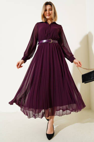 Bel Lastikli Pileli Kemerli Şifon Elbise Mürdüm - Kadın Giyim Modelleri