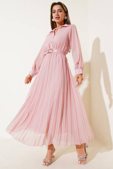 Bel Lastikli Pileli Kemerli Şifon Elbise Pudra - Kadın Giyim Modelleri