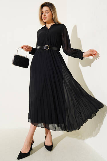 Bel Lastikli Pileli Kemerli Şifon Elbise Siyah - Kadın Giyim Modelleri