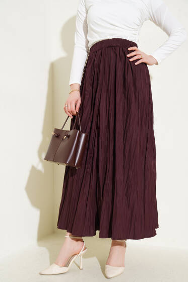 Bel Lastikli Pileli Kırışık Etek Acı Kahve - Etek