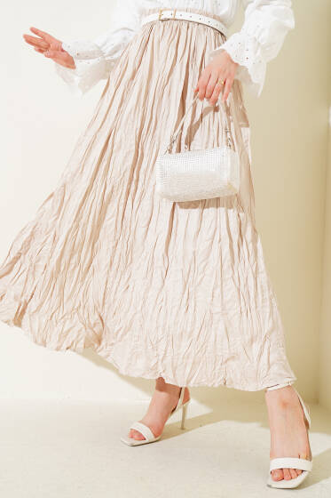 Bel Lastikli Pileli Kırışık Etek Bej - Etek