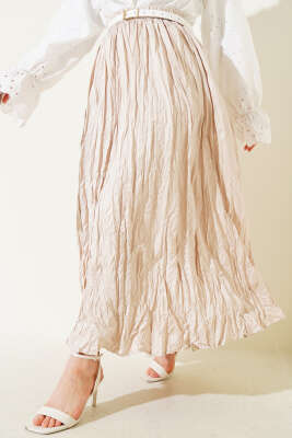 Bel Lastikli Pileli Kırışık Etek Bej - Uzun Etek