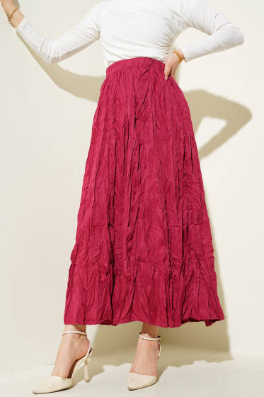 Bel Lastikli Pileli Kırışık Etek Bordo - Etek