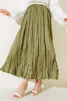 Bel Lastikli Pileli Kırışık Etek Çağla Yeşili 