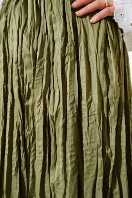 Bel Lastikli Pileli Kırışık Etek Çağla Yeşili - Uzun Etek