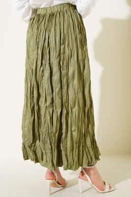 Bel Lastikli Pileli Kırışık Etek Çağla Yeşili - Uzun Etek