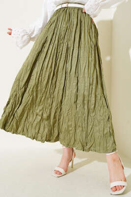 Bel Lastikli Pileli Kırışık Etek Çağla Yeşili - Uzun Etek