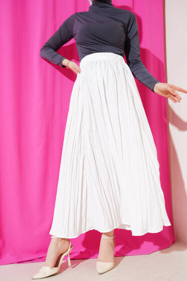 Bel Lastikli Pileli Kırışık Etek Ekru - Etek