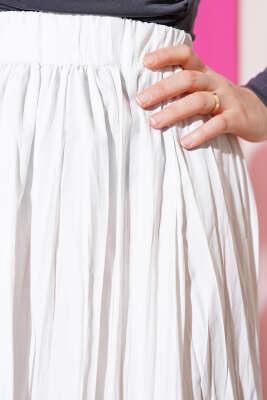 Bel Lastikli Pileli Kırışık Etek Ekru - Uzun Etek
