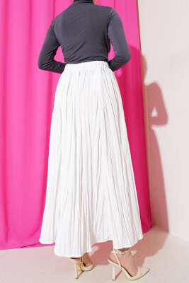 Bel Lastikli Pileli Kırışık Etek Ekru - Uzun Etek