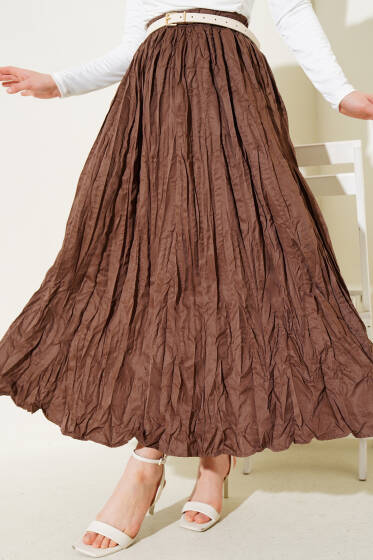Bel Lastikli Pileli Kırışık Etek Kahve - Etek