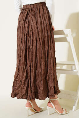 Bel Lastikli Pileli Kırışık Etek Kahve - Uzun Etek