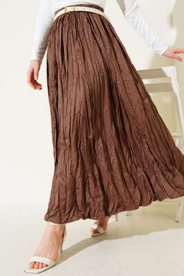 Bel Lastikli Pileli Kırışık Etek Kahve - Uzun Etek