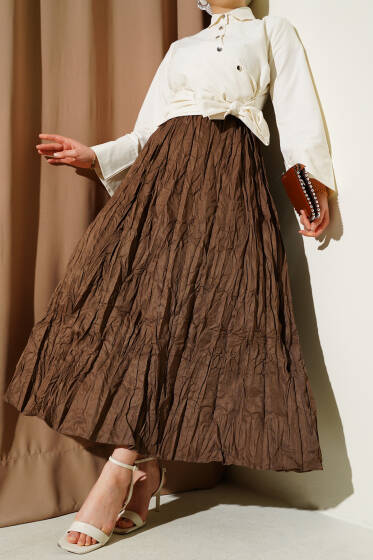 Bel Lastikli Pileli Kırışık Etek Kestane - Etek