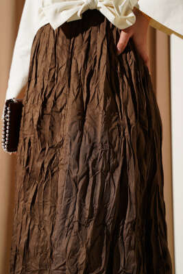 Bel Lastikli Pileli Kırışık Etek Kestane - Uzun Etek