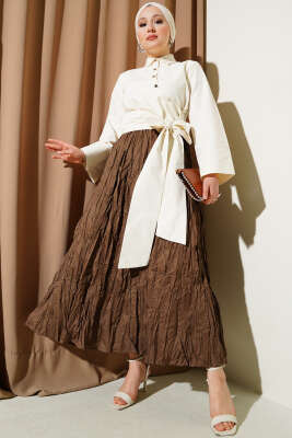 Bel Lastikli Pileli Kırışık Etek Kestane - Uzun Etek