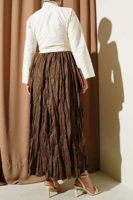 Bel Lastikli Pileli Kırışık Etek Kestane - Uzun Etek