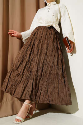 Bel Lastikli Pileli Kırışık Etek Kestane - Uzun Etek