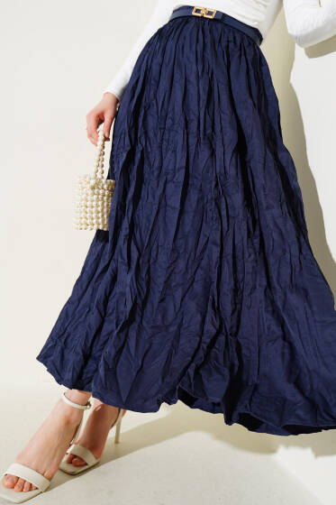 Bel Lastikli Pileli Kırışık Etek Lacivert - Etek