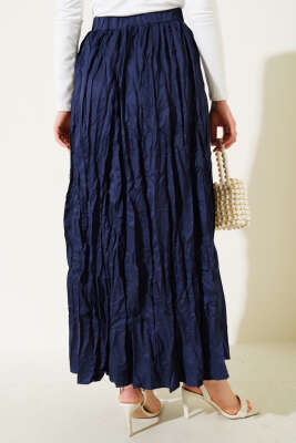 Bel Lastikli Pileli Kırışık Etek Lacivert - Uzun Etek
