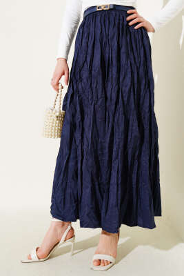 Bel Lastikli Pileli Kırışık Etek Lacivert - Uzun Etek