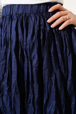 Bel Lastikli Pileli Kırışık Etek Lacivert - Uzun Etek