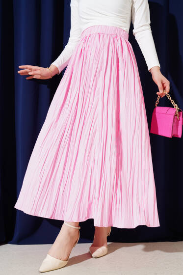 Bel Lastikli Pileli Kırışık Etek Pembe - Etek