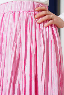 Bel Lastikli Pileli Kırışık Etek Pembe - Uzun Etek