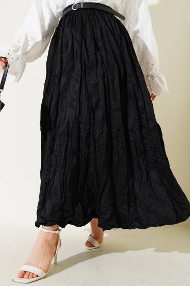 Bel Lastikli Pileli Kırışık Etek Siyah - Etek