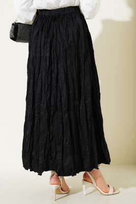 Bel Lastikli Pileli Kırışık Etek Siyah - Uzun Etek