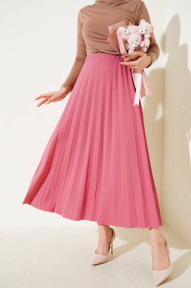 Bel Lastikli Pileli Kloş Etek Gül Kurusu - Etek