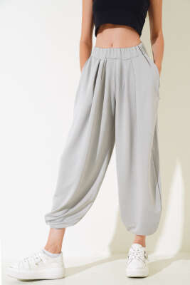 Bel Lastikli Pileli Şalvar Pantolon Gri - Kadın Giyim Modelleri